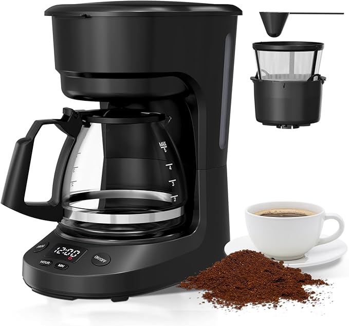 Small 5-Cup Coffee Maker with 24h Programmable Timer, Drip Coffee Machine with Food-grade BPA-free Glass Carafe, 2h Keep Warm with Auto Shut-off, Delay Brew, 25oz Water Tank, Compact for Home/RV
