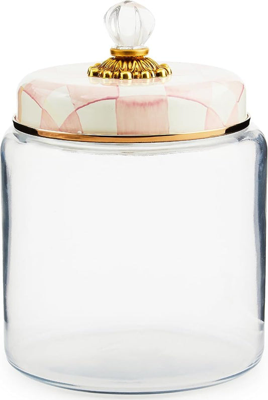 MACKENZIE-CHILDS Rosy Check Kitchen Canister, Decorative Pink-and-White Glass Storage Jar with Lid, Large