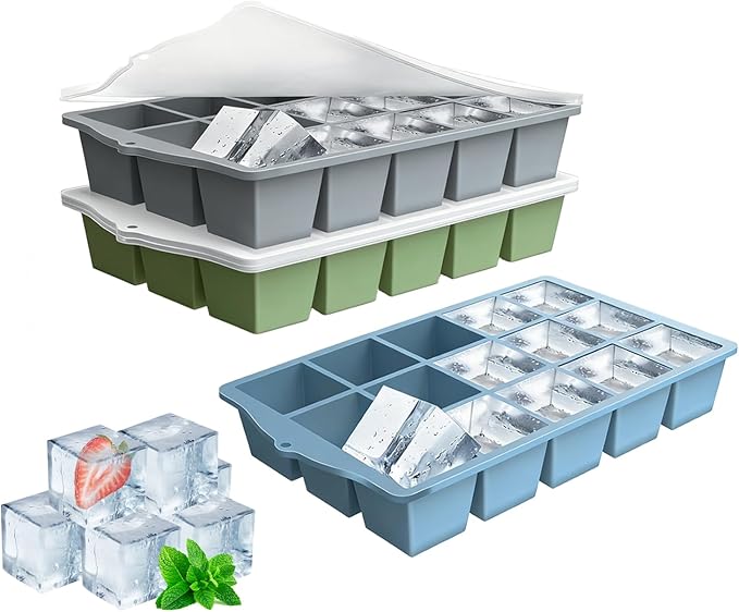 Silicone Ice Cube Tray, 3 Pack Easy-Release Stackable Ice Trays for Freezer with Lid 15 Reusable Cubes, Food Grade BPA Free Ice Molds for Whiskey, Baby Food, Coffee, Cocktail (Blue+Green+Grey)