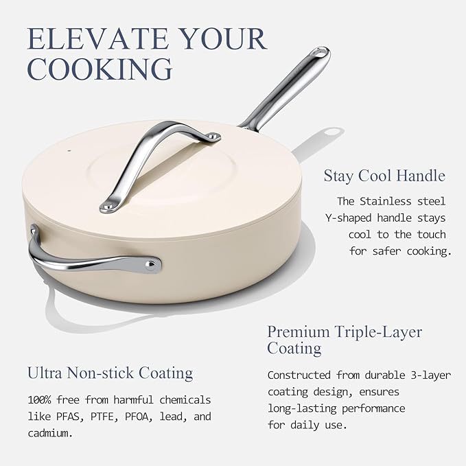 Nonstick Ceramic Sauté Pan with Lid (4.5 qt, 11") Deep Frying Pan for All Cooktops Non Toxic Skillet PTFE/PFOA/PFAS Free, Even Heat Distribution, Oven Safe w/Stay-Cool Handle, Cream