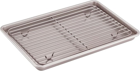 CHEFMADE Roasting Pan with Rack, 13-Inch Non-Stick Rectangular Shallow Dish Sheet Pan with Wire Rack for Oven Baking, BBQ, Jelly Roll and Roasting 9" x 13" x 1" (Champagne Gold)