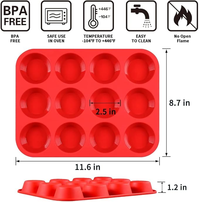 Silicone Muffin Pan, 12-Cup Cupcake Pan for Baking Muffin, Cake, Fat Bomb, 2-Pack Nonstick