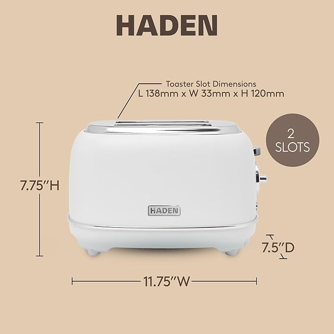 Haden Chelsea 2 Slice Wide Slot Toaster with Adjustable Browning Control, Ivory & Chrome
