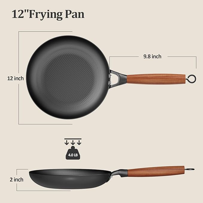 YUTANN 12 Inch Cast Iron Skillet, Pre-Seasoned Frying Pan with Diamond-Textured for Oil-Saving Cooking, Nonstick & Non-Toxic, PFAS/PFOA-Free, Easy to Clean