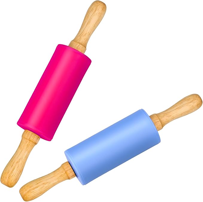 Mini Silicone Rolling Pin for Kids, Non-stick Surface Wood Handle, 9 Inch 2 Pack
