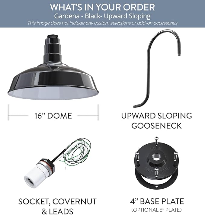 Steel Lighting Co. Gardena Barn Light | Outdoor Wall Mounted | 16" Dome | Upslope Gooseneck | Farmhouse Light Made in America | Black Exterior/White Interior