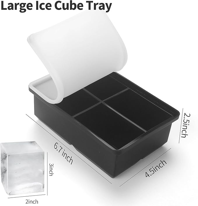 Large Ice Cube Trays for Whiskey: BECOKIT Big Silicone Ice Cube Trays - 3 * 2Inch Square Ice Cubed Tray for Bourbon Whisky and Cocktail - 2Pack Giant Silicon Ice Cube Tray (Black 2 Tray)