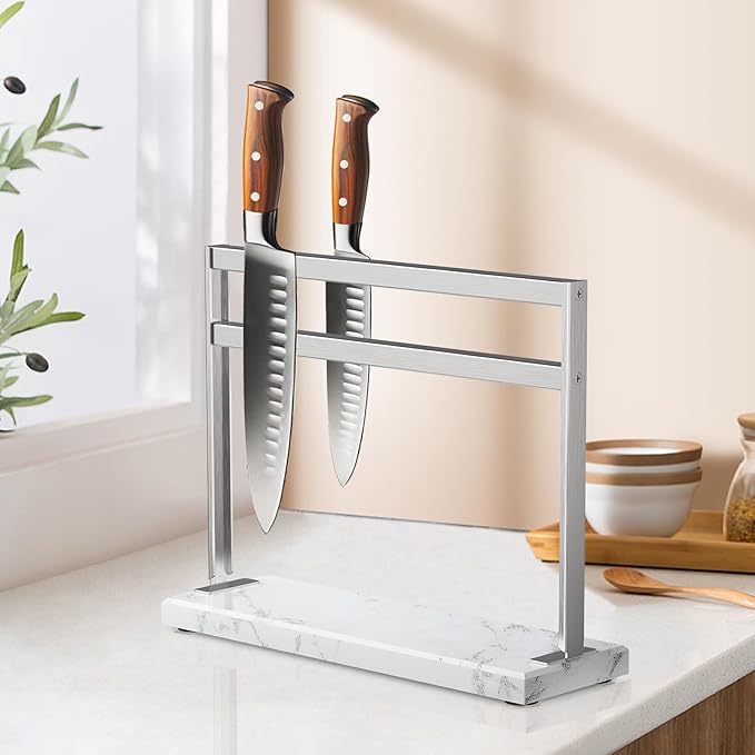 Magnetic Knife Block Stand - Marble Base Magnetic Knife Holder for Counter Top - Double Sided Knife Block without Knives - Stainless Steel Magnetic Kitchen knife holder - White