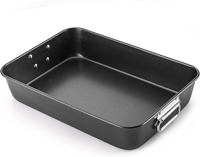 HONGBAKE Nonstick Lasagna Pan 3 Inch Deep, 9x13 Baking Pan, Rectangular Sheet Cake Pan, Roasting Pan for Oven with Stainless Steel Handles, Dishwarsher Safe, Dark Grey