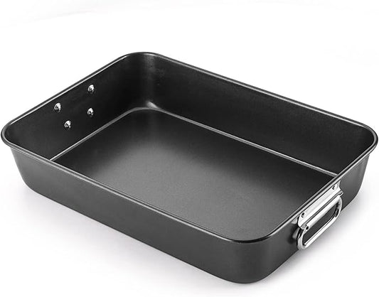 HONGBAKE Nonstick Lasagna Pan 3 Inch Deep, 9x13 Baking Pan, Rectangular Sheet Cake Pan, Roasting Pan for Oven with Stainless Steel Handles, Dishwarsher Safe, Dark Grey