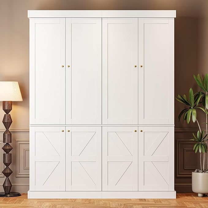 70.8" Tall Farmhouse Kitchen Pantry Cabinet with Doors, Modular Storage Cabinet with 4-Tier Adjustable Shelves, White, Wooden Hutch for Kitchen, Living Room, Set of 2