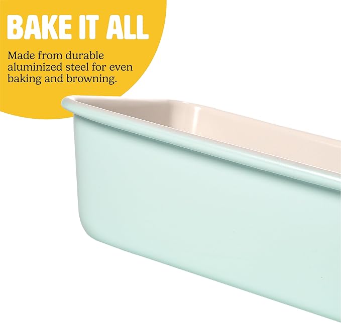 Tasty Clean Ceramic Loaf Pan Set, 2-Pack of 9-Inch x 5-Inch Cake Pans, Durable Aluminized Steel for Professional Results, Clean Ceramic Nonstick Coating, Oven Safe to 425°F, Dishwasher Safe, Aqua