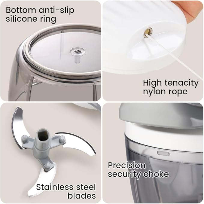 Manual Food Processor & Vegetable Chopper White - 2.3 Cup Mini Hand-Pull Cord Kitchen Chopper for Onion, Garlic, Vegetables with 3 Stainless Steel Blades