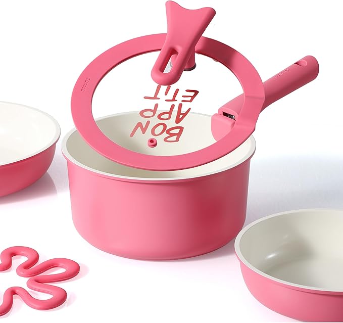 CAROTE Ceramic Sauce Pan Sets with Stand-Up Lid 2QT, 3QT & 4QT, 11 Piece NonStick Kitchen Cookware Sets with Detachable Handle, Non Toxic Cooking Pot, Oven Safe, Induction Ready, Pink