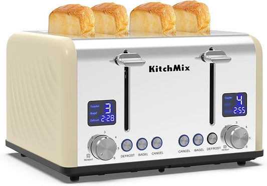 Toaster 4 Slice, KitchMix Bagel Stainless Toaster with LCD Timer, Extra Wide Slots, Dual Screen, Removal Crumb Tray (Cream)