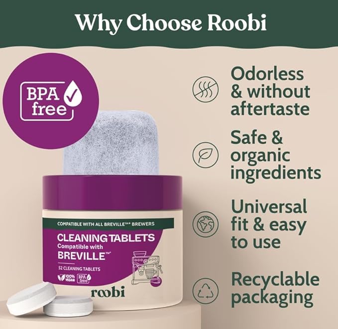 Roobi Breville Compatible Espresso Machine Cleaning & Maintenance Kit. Includes 52 Breville Cleaning Tablets and 6 Water Filters. Carbon Neutral. 1 Year Supply.