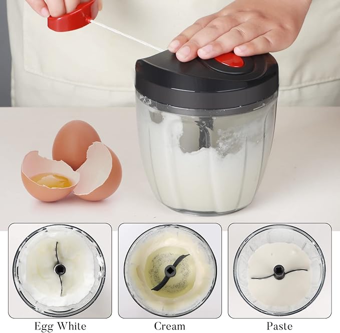 Ourokhome Manual Food Processor Vegetable Chopper, Portable Hand Pull String Garlic Mincer Onion Cutter for Veggies, Ginger, Fruits, Nuts, Herbs, etc., 900ml, Black