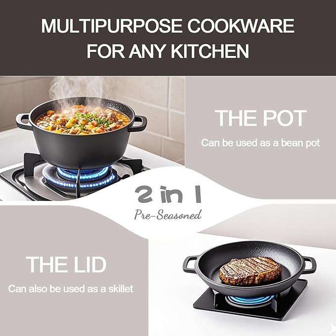 2-in-1 Pre-Seasoned Cast Iron Dutch Oven with Skillet Lid, 10 In Cast Iron Pot & Pan Set for Baking Bread, Frying, Camping, BBQ, Indoor & Outdoor Use
