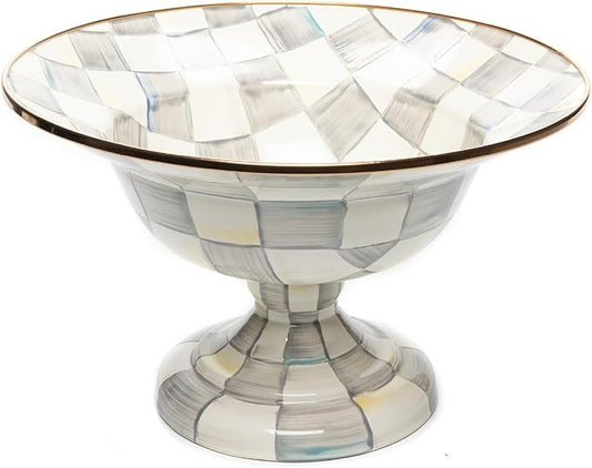 MACKENZIE-CHILDS Enamel Compote, Cute Enamel Pedestal Serving Dish or Decorative Bowl, Large, Gray-and-White Sterling Check