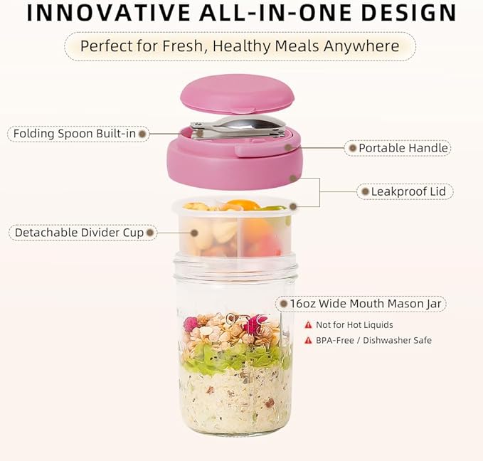 4 Pack Overnight Oats Containers with Lids and Handles, Folding Spoons & Divided Compartments for Fruit & Nuts, 16oz Glass Mason Jars for Oatmeal, Meal Prep & Breakfast (Black/Deep-Blue/Cream/Purple)