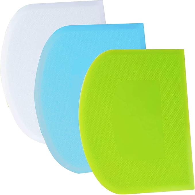 SURDOCA Dough Scraper Bench Scraper - 3P 5.9x4.3" Plastic Flexible Bowl Scraper, Sharp Edge & Angles Cake Scraper. Non-Slip Bakeware Decorating Tools Sculpting & Modeling Tools - Green+Blue+White
