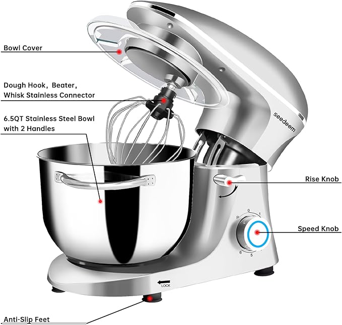 Seedeem 6.5QT Stand Mixer, 660W Tilt-Head Kitchen Electric Mixer with 6 Speeds, Dough Hook, Beater & Whisk, Dishwasher Safe Attachments, Silver