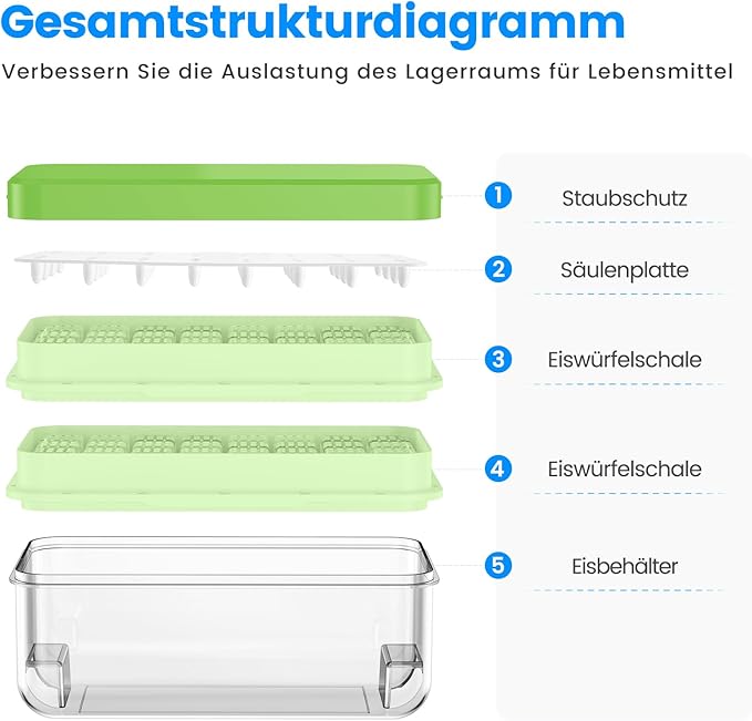 PHINOX Ice Cube Tray With Lid and Bin, Ice Trays for Freezer, Flexible Ice Cube Trays, Making 64 pcs Ice Cubes, Chilling Cocktail, Whiskey, Coffee, with 2 trays, Ice Container, Scoop&Cover, BPA Free