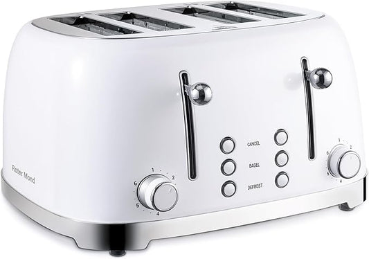 Roter Mond 4 Slice Toaster Retro Stainless Steel with Bagel Defrost Cancel Function, 6 Browning Settings, Extre Wide Slot and Removable Crumb Tray, White, ST033