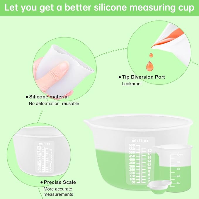 Silicone Measuring Cups Kit for Resin, Epoxy Supplies Set with 600ml, 250ml & 100ml Silicone Cups, Reusable Resin Supplies Cups with Silicone Mat, Stir Sticks, Mixing Cups for Molds Arts, Crafts