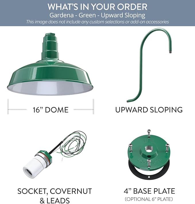 Steel Lighting Co. Gardena Barn Light | Outdoor Wall Mounted | 16" Dome | Upslope Gooseneck | Farmhouse Light Made in America | Green Exterior/White Interior