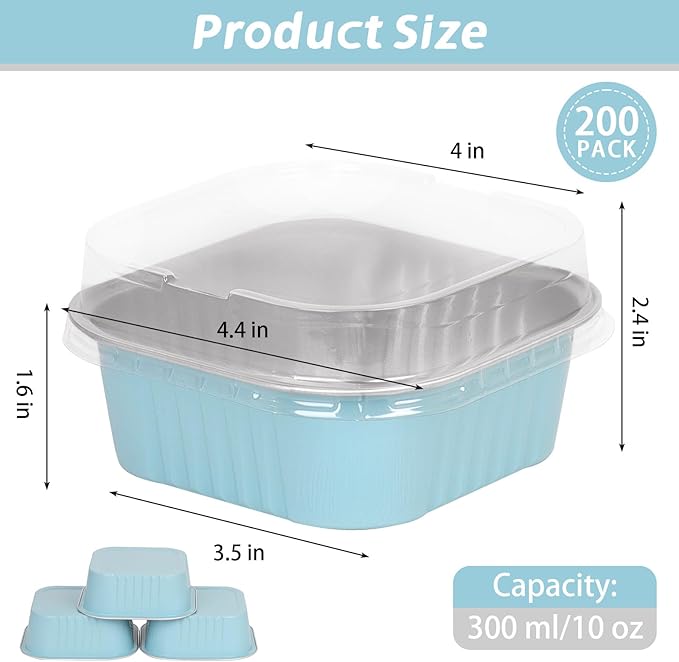 200 Pack 10 oz Square Mini Cake Pans with Lids, Mini Loaf Pans with Lids, Aluminum Foil Square Brownie Baking Cups for Ramekins Muffin Cupcake Wedding Birthday Party (Blue)
