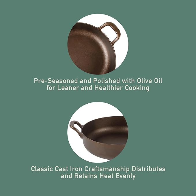 Bloomhouse Natural Bronze Finish 13-Inch Round Cast Iron Everyday Pan – Olive Oil Treated Cooking Surface with Dual Handles & Olive Wood Trivet, Oven, Stovetop & Campfire Safe