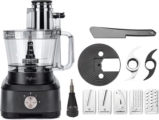14-Cup French-Fry-Cutter Large Food-Processor - Large Feed Chute, Grey Color, Cheese Shredding, Meat Chopping, Shredding and Slicing, Mixing and Doughing, for Home Use
