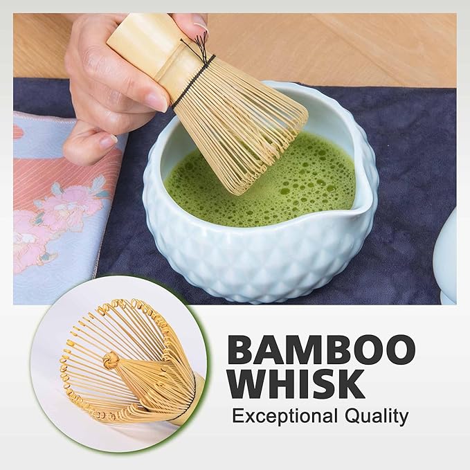 Matcha Whisk Bowl Set, 7PCS All-in-One Japanese Tea Set Includes Matcha Bowl with Spout, Bamboo Whisk (Chasen) with Stand, Scoop, Sifter, Complete Kit for Ceremony, Gift for Matcha Tea Lovers(Blue)