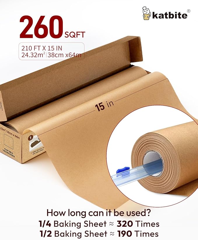 Katbite Heavy Duty Parchment Paper Roll for Baking, 15 in x 210 ft, 260 Sq.Ft Baking Paper with Slide Cutter, Easy to Cut & Non-stick Cooking Paper for Bread, Cookies, Air Fryer, Steaming, Grilling