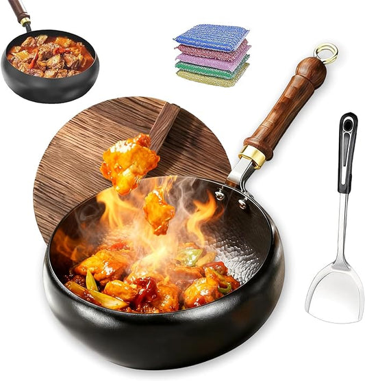 Jinswhdre Cast Iron Skillet, 9.5/11in Jinswhdre Japanese Irons Pan, Hand Forged Uncoated Iron Pan with Lid Spatula, Non-stick Wok for Cooker Gas Stir Fry Pans Durable and Rust-Free (Wooden Lid,10.2in)