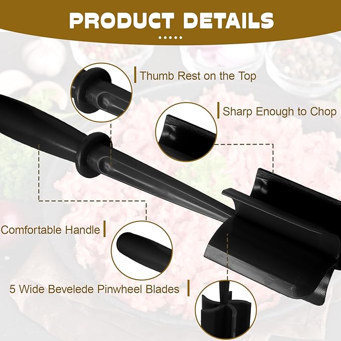 Meat Masher, 5 Curve Blade Hamburger Chopper, Heat Resistant Meat Masher for Ground Beef, Mix and Chop Kitchen Tool, Food Smasher Tool for Hamburger, Beef, Potato, Tomato, Avocado (Black)