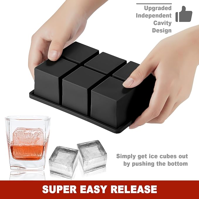 Nax Caki Large Ice Cube Tray with Lid Pack of 2, Stackable 2 Inch Big Silicone Square Ice Cube Mold for Whiskey Cocktails Bourbon Soups Frozen Treats, BPA Free