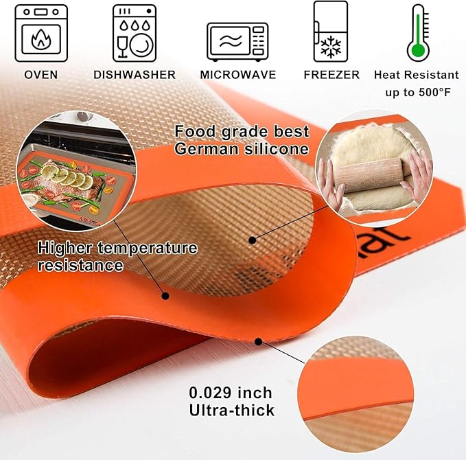 Silicone Baking Mat - Best German Silicone - Non Slip Silicone Baking Sheet, Non Stick Reusable Silicone Mats for Baking, Oven Liner, Counter Mat - 2 Medium-Sheet Size
