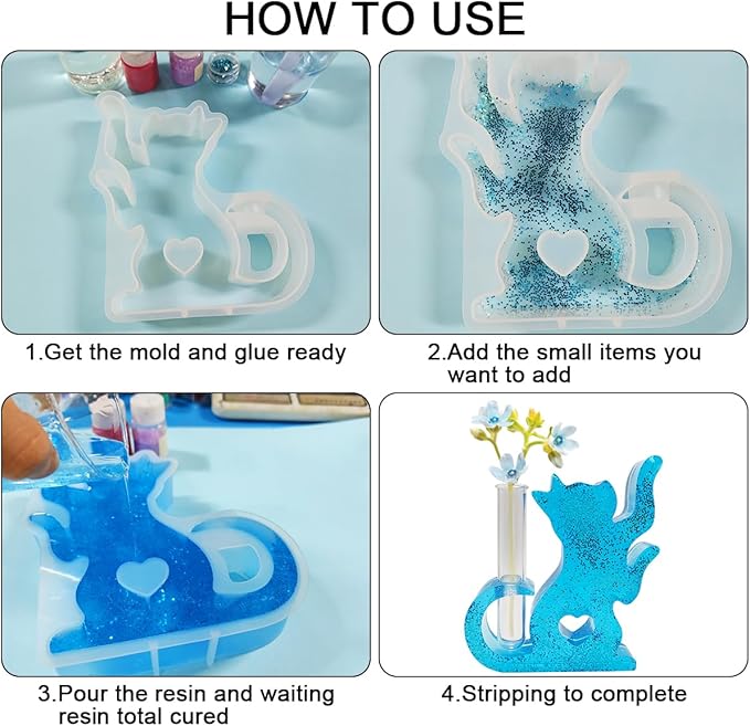 SourceTon Silicone Resin Mold Set for Flower Vases – Includes 2 Cat-Shaped Test Tube Vase Molds and 8 Test Tubes, Epoxy Resin Molds for DIY Floral Decor and Home Crafts