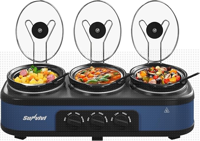 SUNVIVI Triple Slow Cooker, Buffet Food Warmer with 3 x 1.5 QT Removable Ceramic Pots, Buffet Servers and Warmers with Glass Lids and 3 Spoons, Stainless Steel, Blue