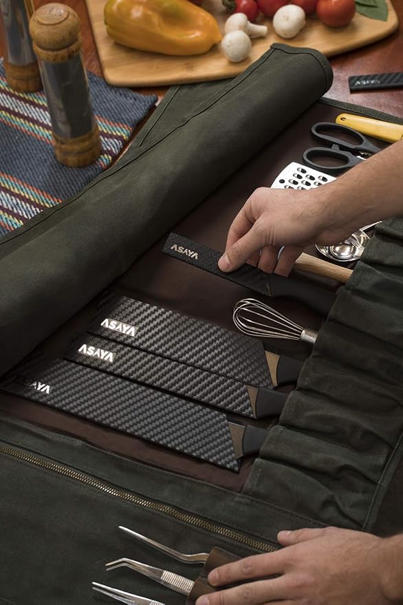 Asaya Waxed Canvas Knife Roll - 15 Knife Slots, Card Holder and Large Zippered Pocket - Genuine Leather, Cloth and Brass Buckles - for Chefs and Culinary Students - Knives Not Included