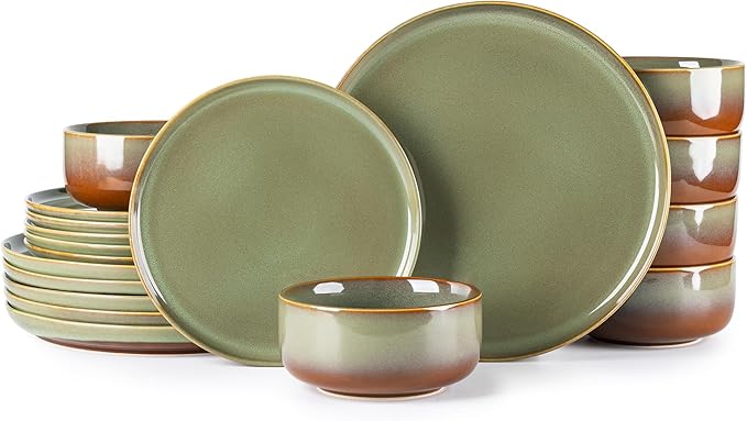 TheTerra Ceramic Dinnerware Sets for 6, 18 Pieces Handmade Reactive Glaze Plates and Bowls Set, Scratch Resistant Dish Set, Oven & Microwave & Dishwasher Safe, Brown Green