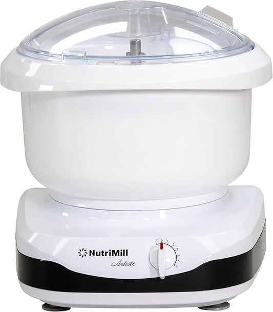 NutriMill Artiste Kitchen Electric Stand Mixer 500 Watt 6.5 Quart Bowl with Dough Hook & Wire Whips (Black Trim)