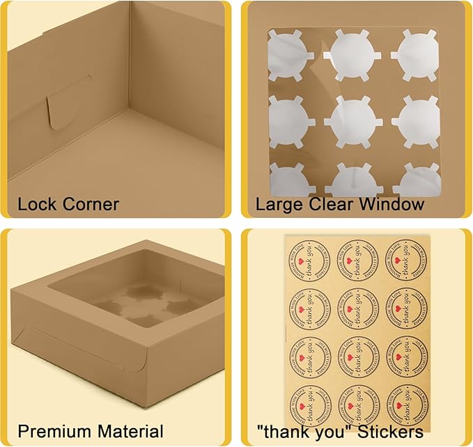 9-Count Brown Cupcake Boxes with Window and Insert, 9x9x3 Inch, 16 Pack, Suitable for Cupcakes, Muffins, and Cookies