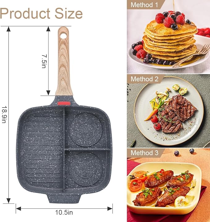 Sectional Skillet, Grill Pans for Stove Tops Nonstick 3 Section Breakfast Pan Meal Skillet Griddle Divided Pan, with Silicone Brush & Clip, 10.5”