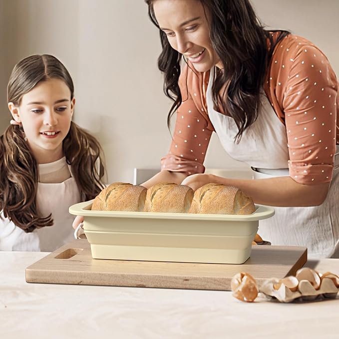 2 Packs of Pan Non-Stick Silicone Bread Loaf Pan with Heavy-Duty Steel Frame, Silicone Baking Mold – Perfect for Pound Cakes, Breads (9"x4"x2.5", Beige, 2 Pieces)
