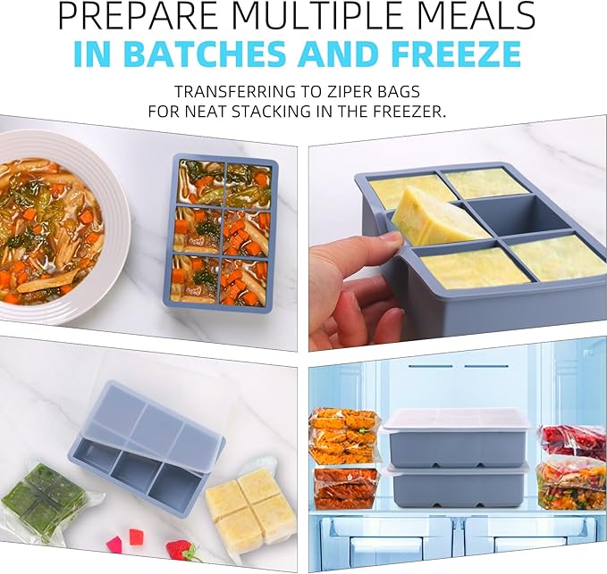 1/2 Cup Silicone Freezer Tray With Lid - Silicone Freezer Molds 2-Pack For meal prep & freezing of various sauces and other dishes, makes 12 perfect 1/2 cup portions cubes (Blue 2 Pack)