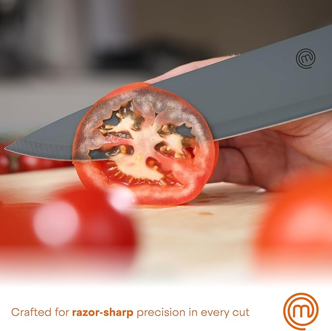 MasterChef Kitchen Knife Set with Covers, 6 Professional Chef Knives for Home Kitchens, Extra Sharp Cutting Stainless Steel Blades & Protective Sheaths, Soft-Touch Easy-Grip Handles, Earth Greys