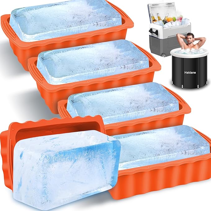 Haldane 5PC Extra Large Ice Block Mold 15LB Ice Cube Bricks Maker Molds for Cold Plunge/Coolers, Reusable Ice Bath Water Chiller, Thick Silicone Ice Bath Accessories Orange